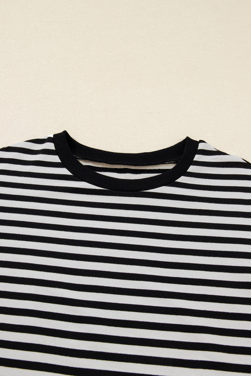 Striped Drop Shoulder Lace Trim Bracelet Sleeve Loose Top